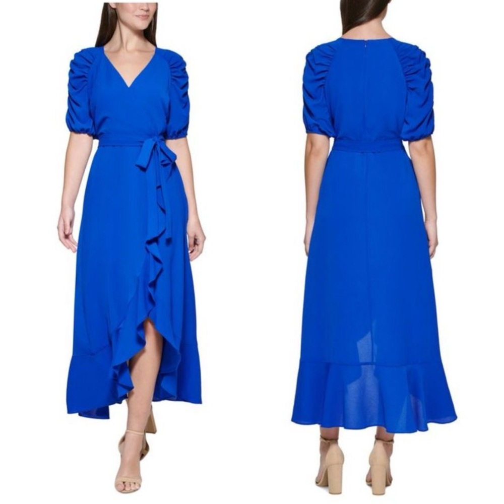 Kensie Blue Asymmetrical Ruffled Faux Wrap Dress Ruched Elbow Sleeve Midi Maxi 4